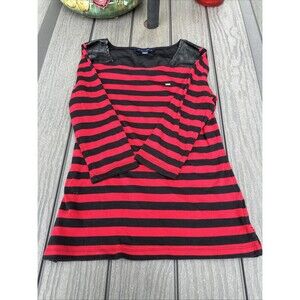 Tommy Hilfiger Women Red and Black Striped 3/4 Quarter Sleeve Shirt Size S/P